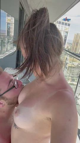 Brunette Kissing Outdoor Passionate Real lovers Sensual sucking breasts Porn GIF